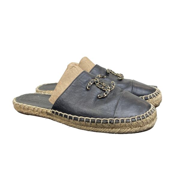 Chanel CC Logo Leather Cap Toe Espadrilles Mules Women's 40 - Picture 1 of 11